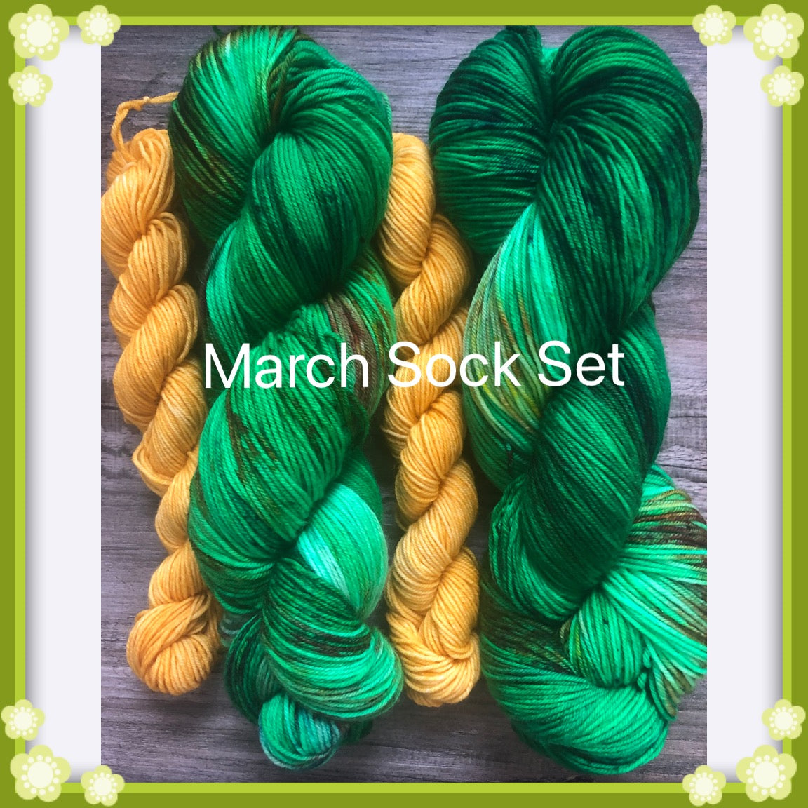 Monthly Sock Set - Hand dyed yarn club subscription. Pictures of previous month sock sets are shown.
